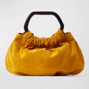 STAUD CAMILLE RUCHED SUEDE TOP-HANDLE BAG IN OCHRE.